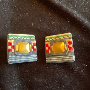 DONCASTER Vintage Hand Sculpted Polymer Clay Square Clip On Earrings